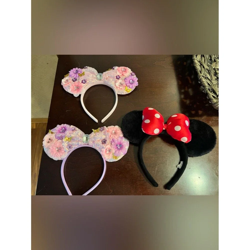 Cute Floral Pink & Black Minnie Ear Headbands Set
